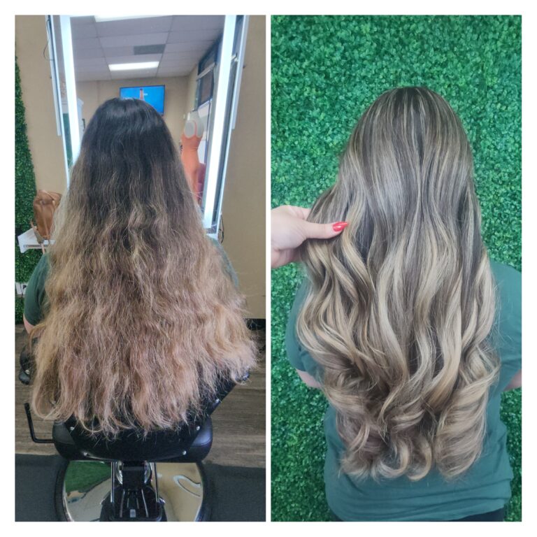 Golden ash highlights on long hair. Done by Long Beach Hairdrsser